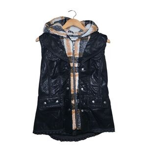 Montana Co. Women's Small Black Faux Leather Vest Sherpa Plaid Hood Zip-Up New